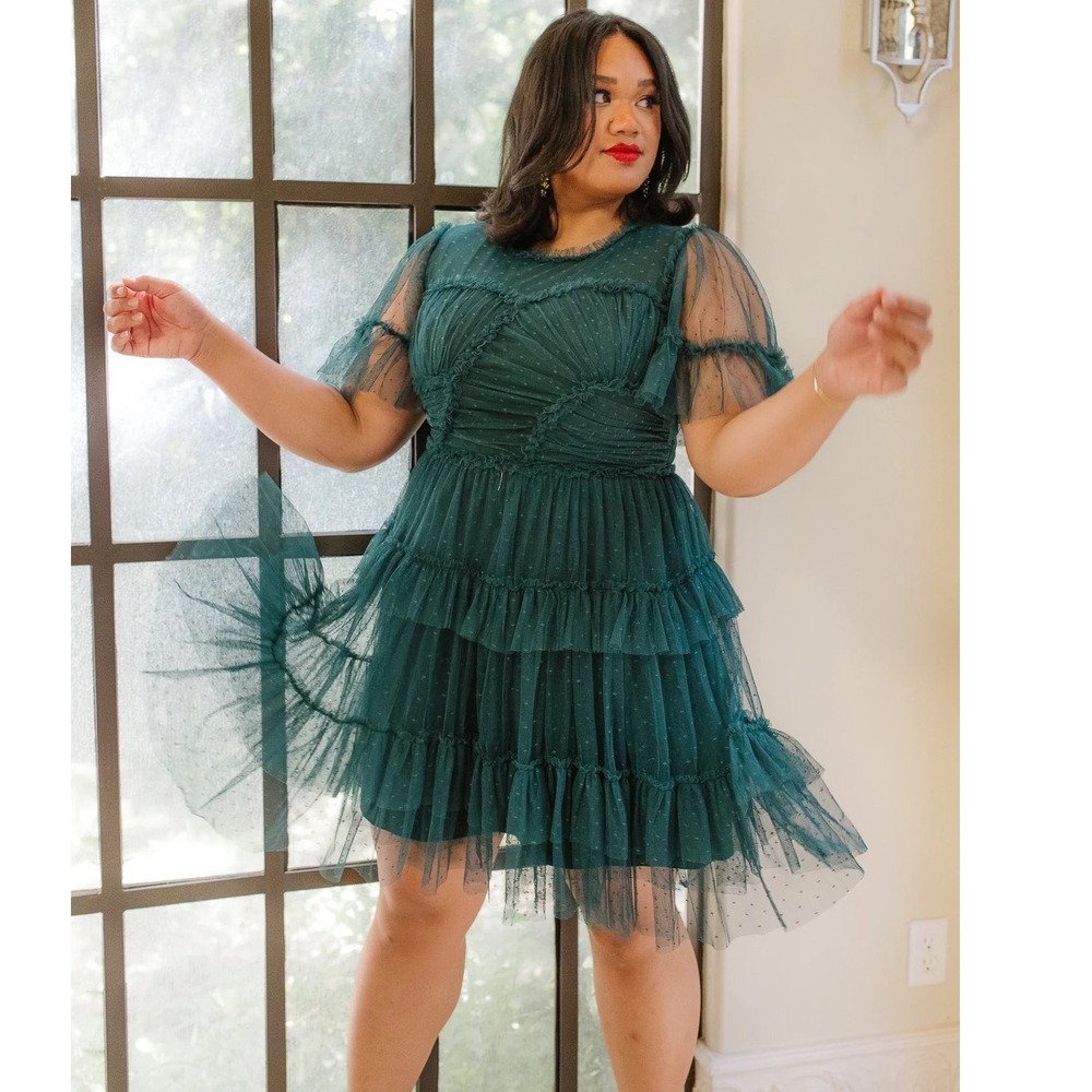 Ivy City‎ Dress Tiered Tulle Swiss Dot Whimsical Flutter Sleeve Green L Romantic